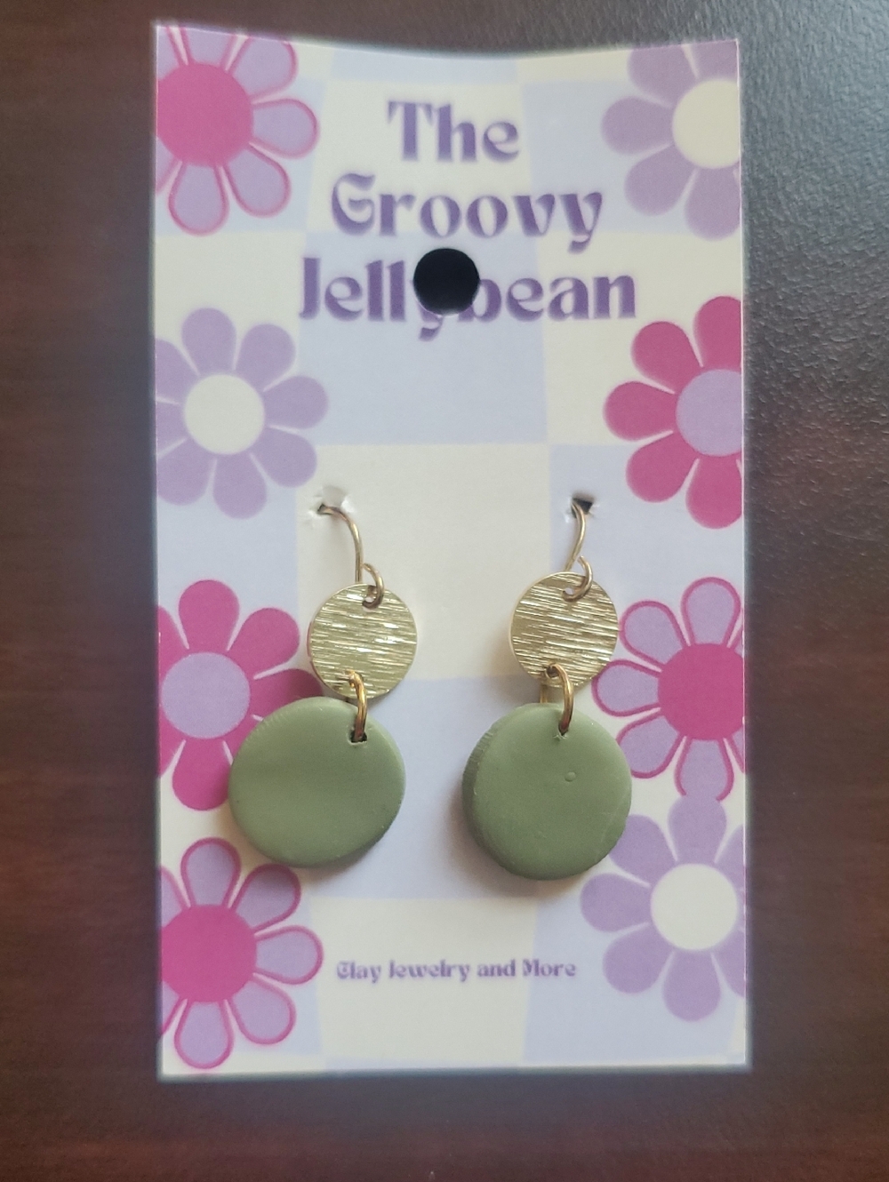 Gold and Olive Green Double Disc Drop Earrings